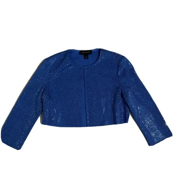St John Liquid Milano Stud Knit Evening Crop Jacket Royal Blue Rhinestone Size 2 - Picture 5 of 9
